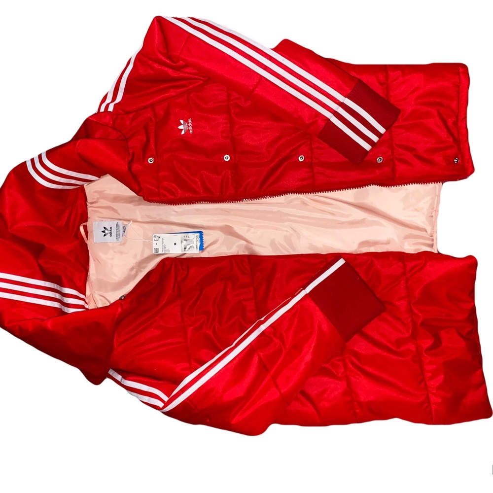 adidas Red Puffer Jacket with White Stripes